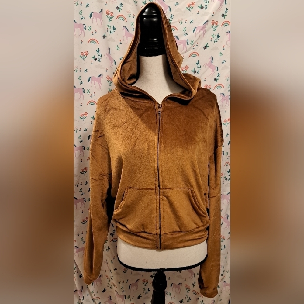 NWOT Skims Tan Velour Neutral Casual Everyday Winter Crop Hoodie Sweater SZ 2XL